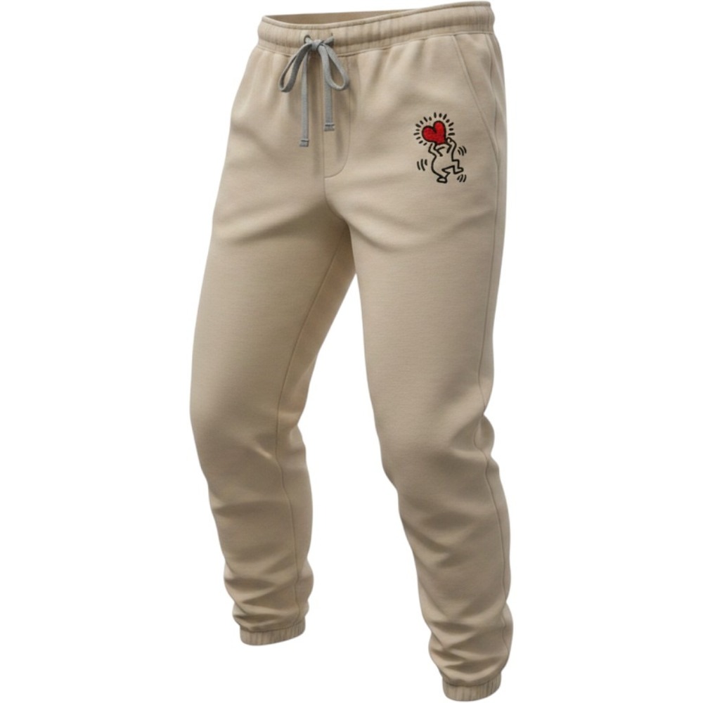 Keith Haring Tan Heart Graphic‎ Jogger Sweatpants Mens Large Beige Streetwear